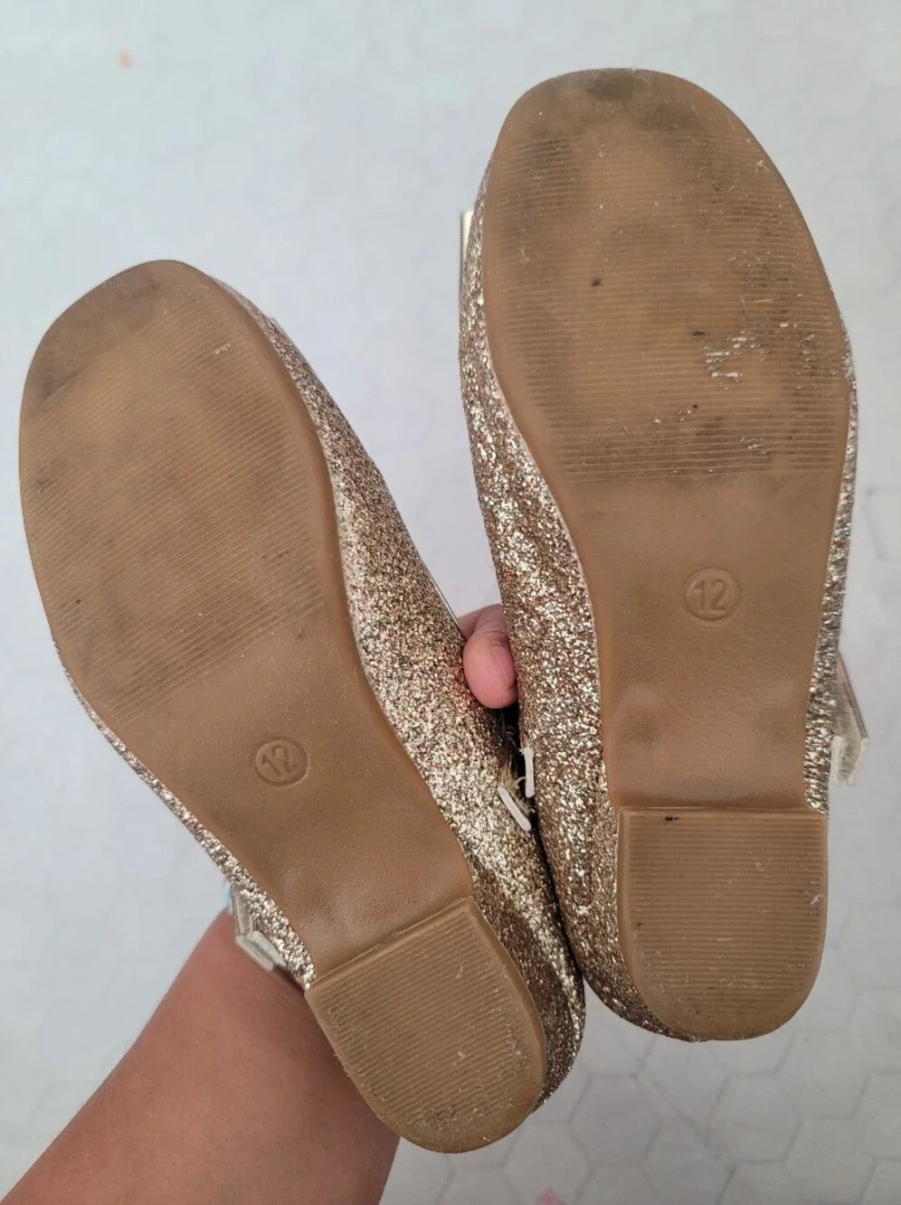 Girls 12 Gold Glitter Metallic Shimmer Wedding‎ Shoes Party Formal Bow Stelle